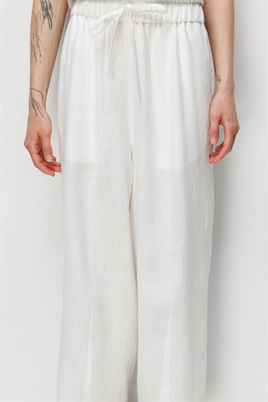 Elastan Kemerli Pensli Keten Pantolon