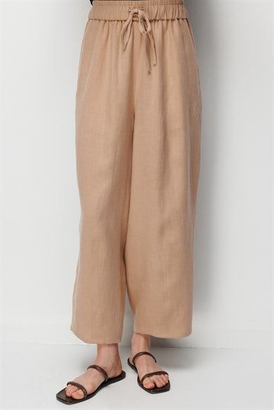 Elastan Kemerli Pensli Keten Pantolon