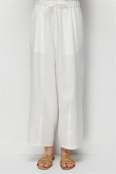 Elastan Kemerli Pensli Keten Pantolon