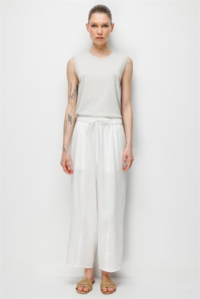 Elastan Kemerli Pensli Keten Pantolon