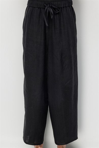 Elastan Kemerli Pensli Keten Pantolon