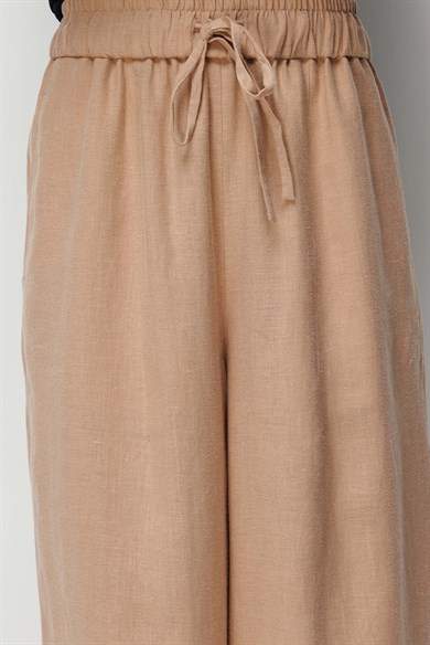 Elastan Kemerli Pensli Keten Pantolon