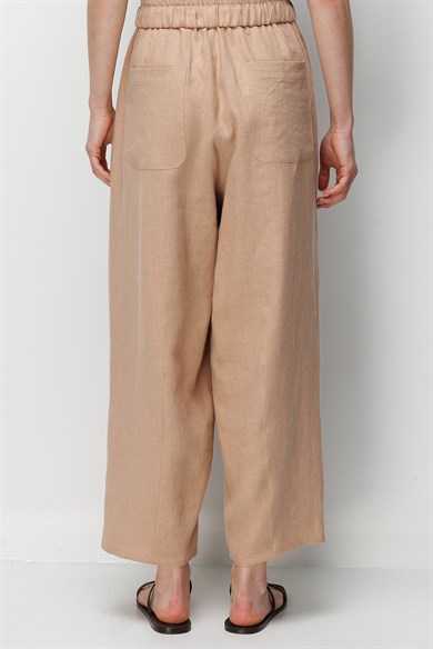 Elastan Kemerli Pensli Keten Pantolon