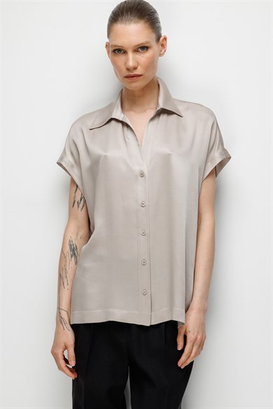 Gömlek Yaka Düşük Kol Bluz