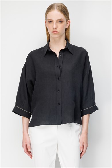 Kol Aksesuarlı Keten Bluz