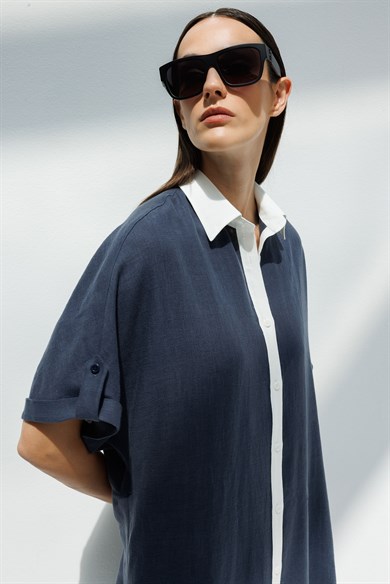 Kontrast Renkli Keten Elbise