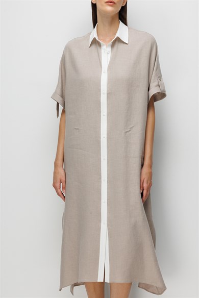 Kontrast Renkli Keten Elbise