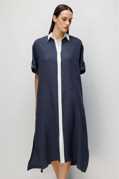 Kontrast Renkli Keten Elbise