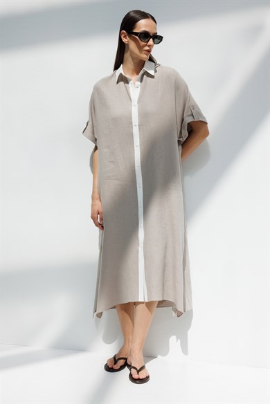 Kontrast Renkli Keten Elbise