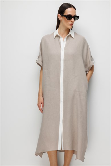 Kontrast Renkli Keten Elbise