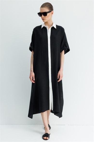 Kontrast Renkli Keten Elbise