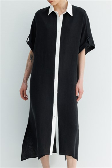 Kontrast Renkli Keten Elbise