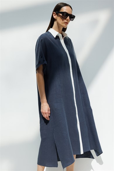 Kontrast Renkli Keten Elbise