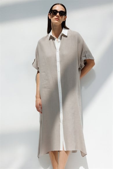 Kontrast Renkli Keten Elbise