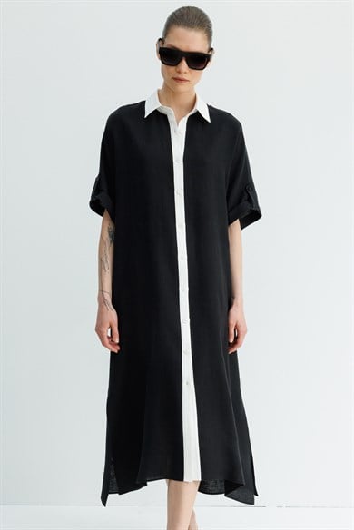 Kontrast Renkli Keten Elbise