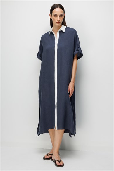 Kontrast Renkli Keten Elbise