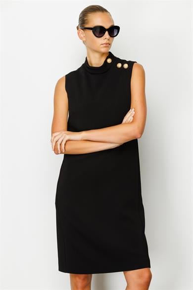 Metal Düğmeli Dik Yaka Kolsuz Elbise