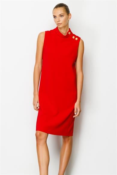 Metal Düğmeli Dik Yaka Kolsuz Elbise