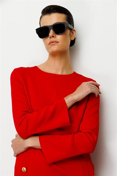 O Yaka Metal Düğmeli Elbise