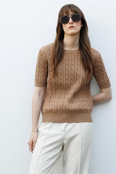 O Yaka Saç Örgü Yarım Kol Triko