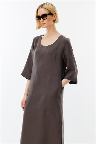 U Yaka Cepli Keten Elbise