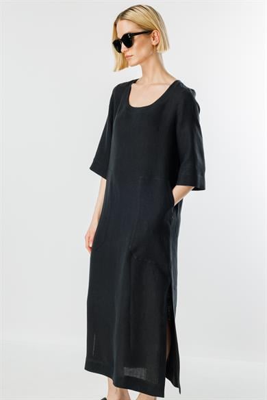 U Yaka Cepli Keten Elbise