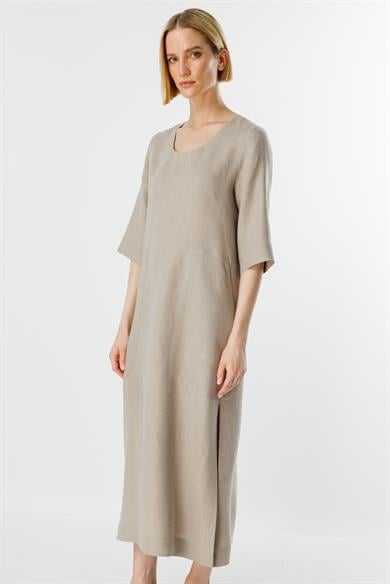 U Yaka Cepli Keten Elbise