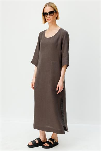 U Yaka Cepli Keten Elbise
