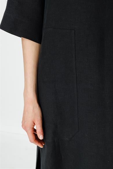 U Yaka Cepli Keten Elbise