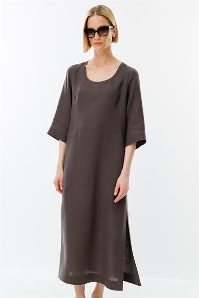 U Yaka Cepli Keten Elbise