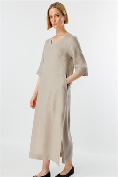 U Yaka Cepli Keten Elbise