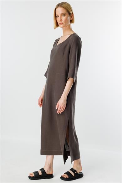 U Yaka Cepli Keten Elbise