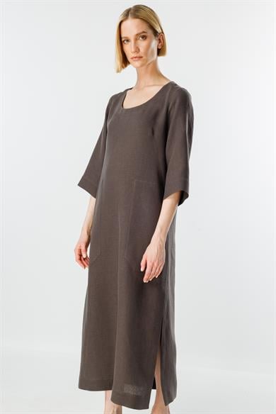 U Yaka Cepli Keten Elbise