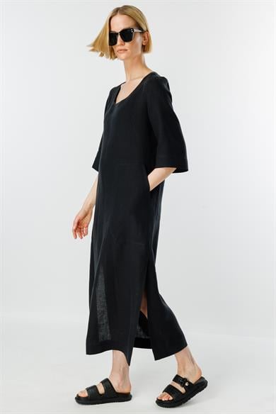 U Yaka Cepli Keten Elbise