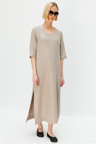 U Yaka Cepli Keten Elbise
