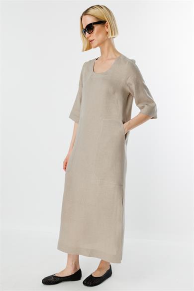 U Yaka Cepli Keten Elbise