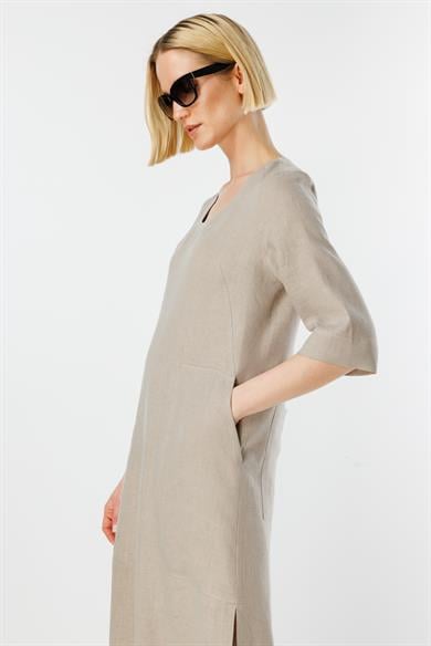 U Yaka Cepli Keten Elbise