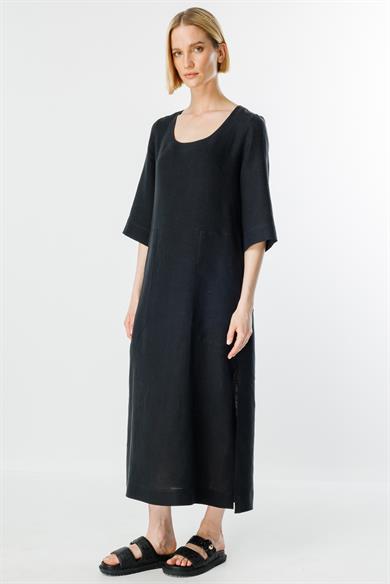 U Yaka Cepli Keten Elbise
