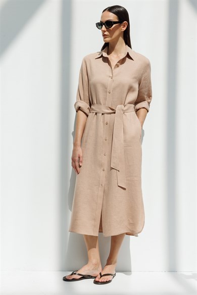 Uzun Kol Keten Elbise