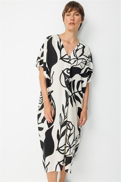 V Yaka Desenli Keten Elbise