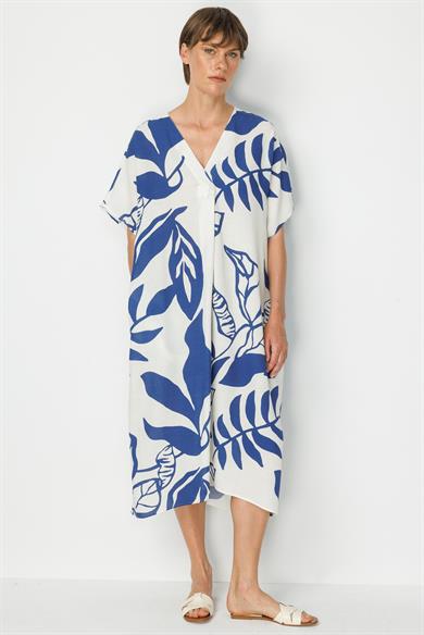 V Yaka Desenli Keten Elbise