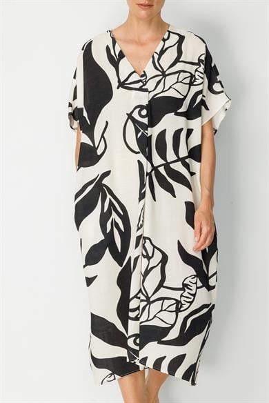 V Yaka Desenli Keten Elbise