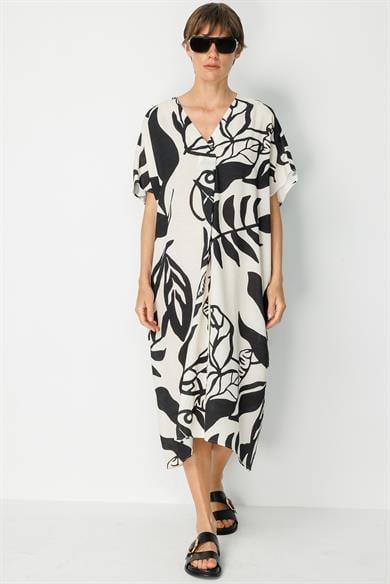 V Yaka Desenli Keten Elbise