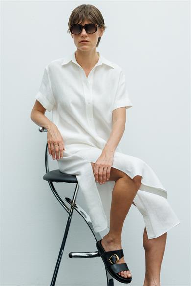 Yarım Kol Keten Gömlek Elbise