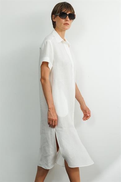 Yarım Kol Keten Gömlek Elbise