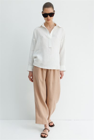 Yarım Patlı Keten Bluz