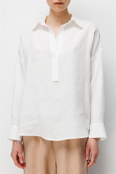 Yarım Patlı Keten Bluz
