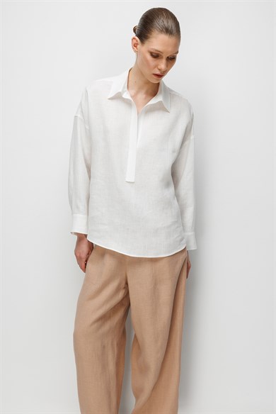 Yarım Patlı Keten Bluz
