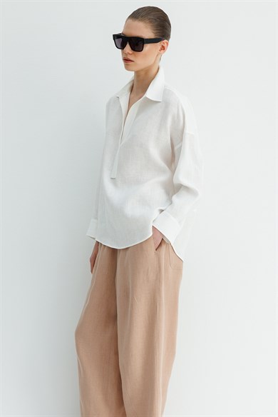 Yarım Patlı Keten Bluz