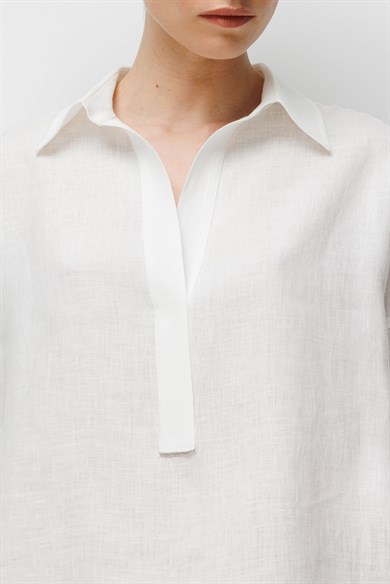 Yarım Patlı Keten Bluz